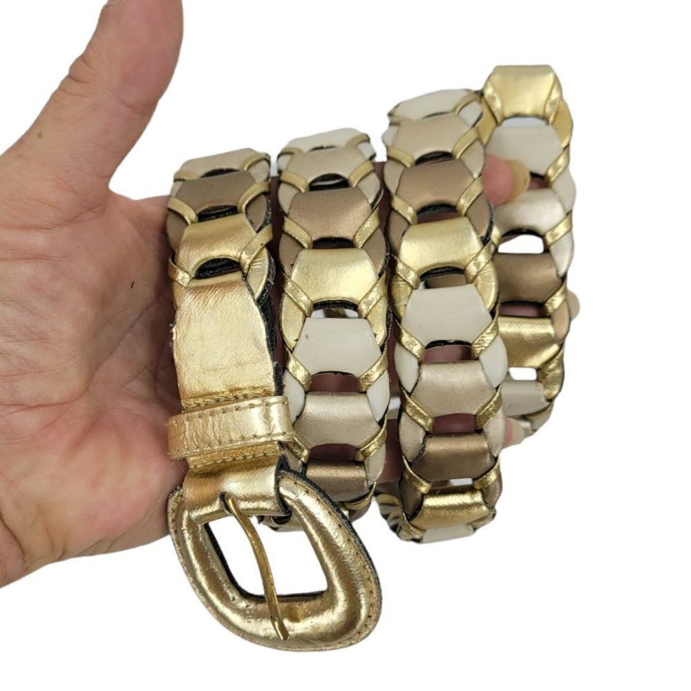 Vtg 70's Belt Leather‎ Metallic Glam Wrap Chain Gold Bronze Cream Sz M - XS